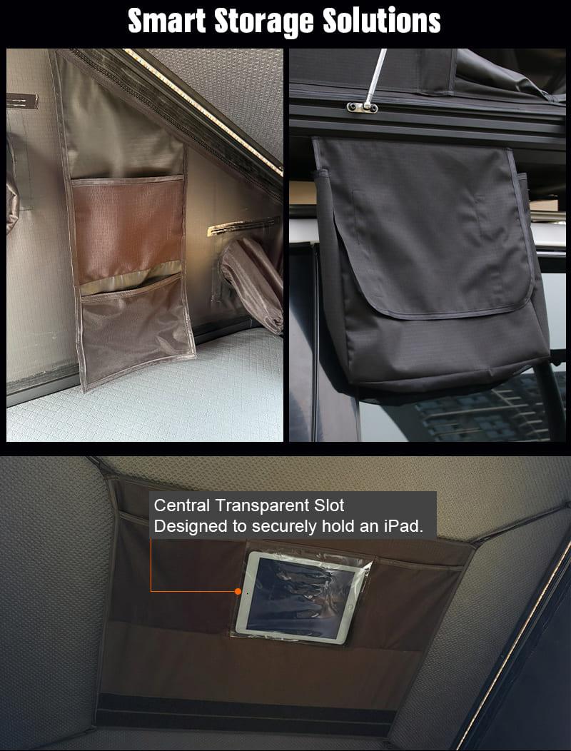Smart storage solutions with pockets and iPad slot in rooftop tent