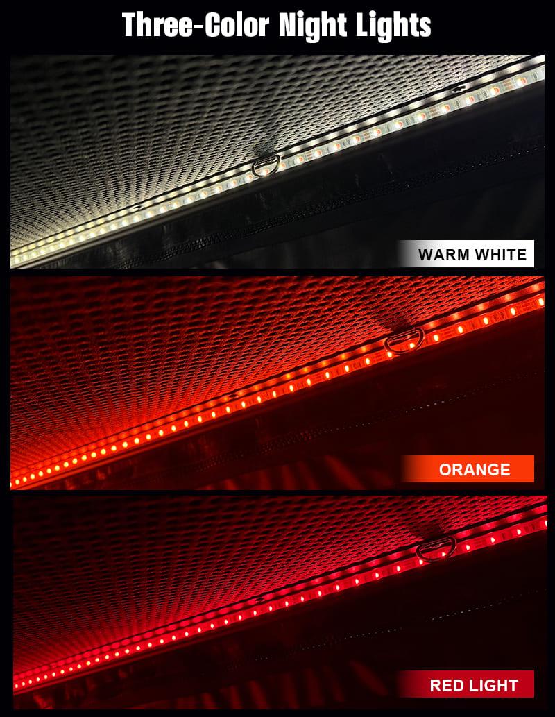 Three-color LED night lights (warm white, orange, red) in rooftop tent