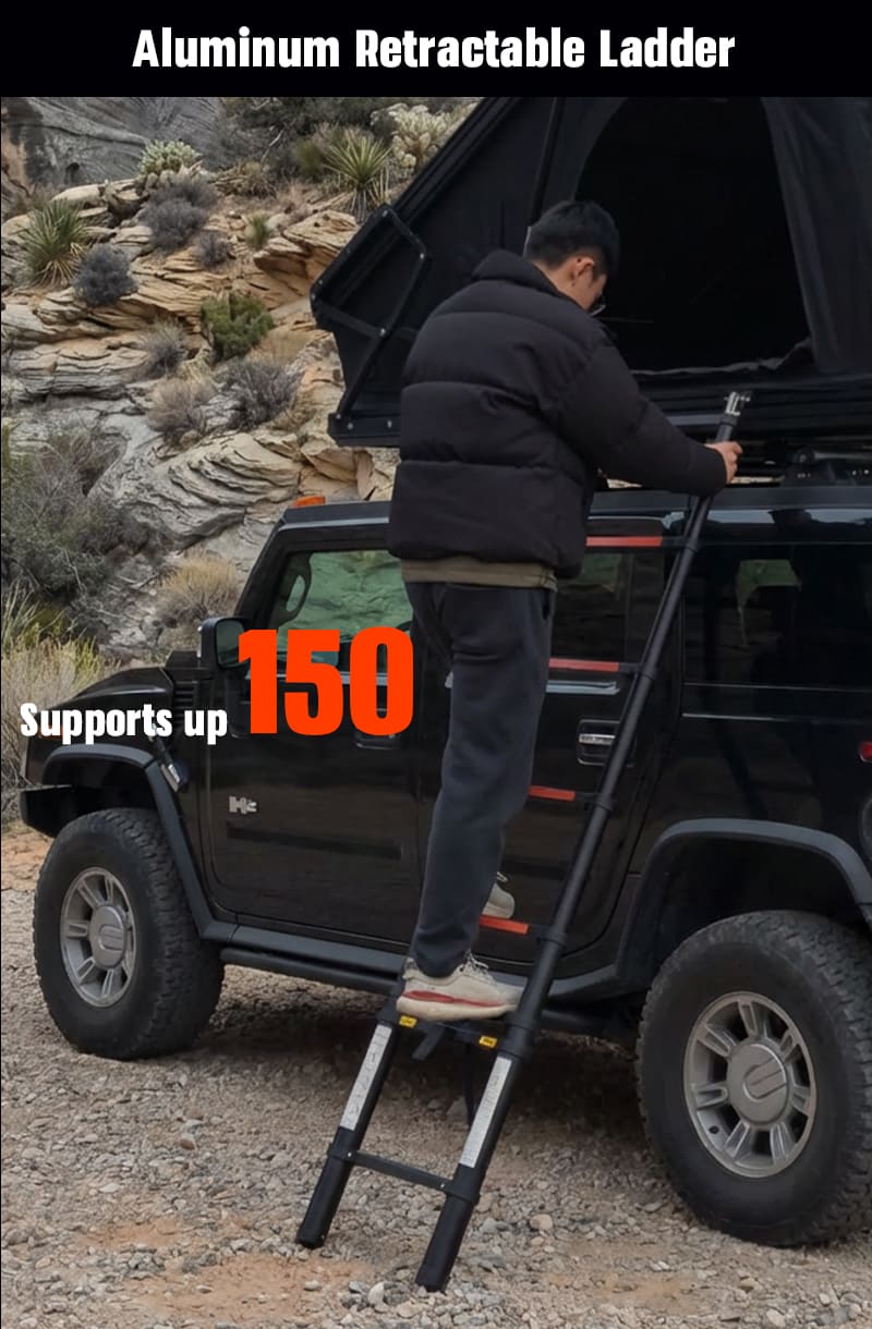 X-Frame Hard Shell Rooftop Tent with 150kg capacity aluminum retractable ladder