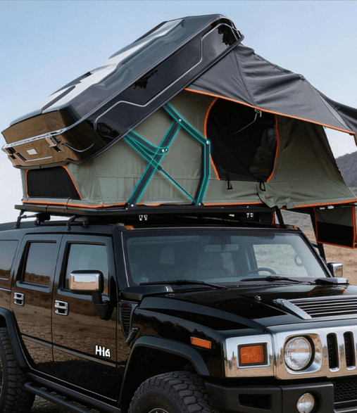 X-Frame cross-bracing mechanism on fold-out rooftop tent