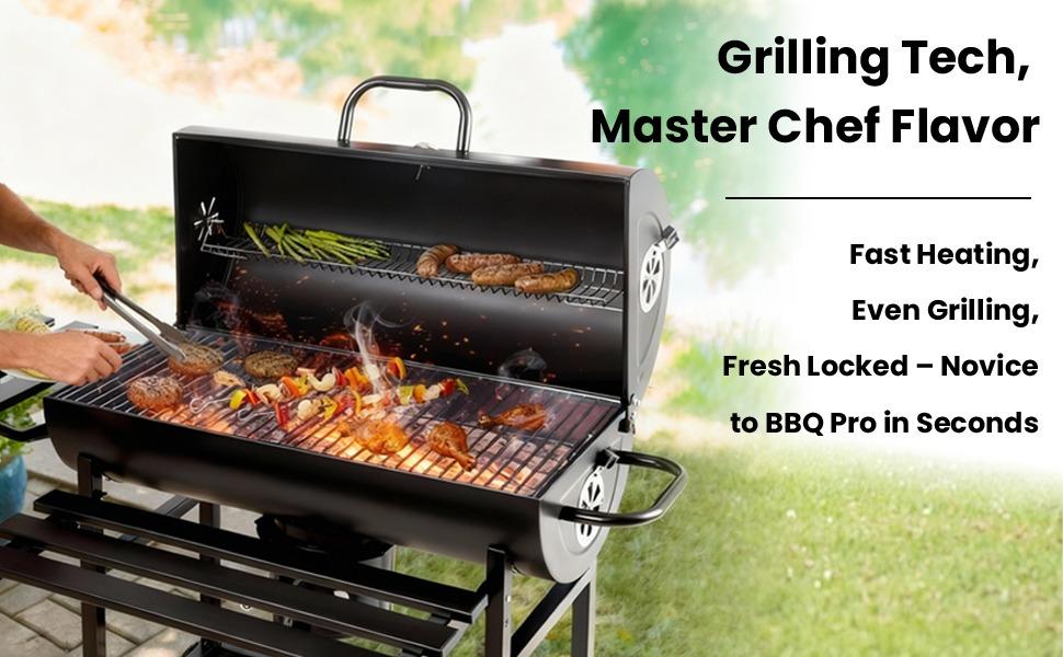 Heavy-Duty Barrel Charcoal Grill & Smoker (380 Sq. In.)-Grilling Tech