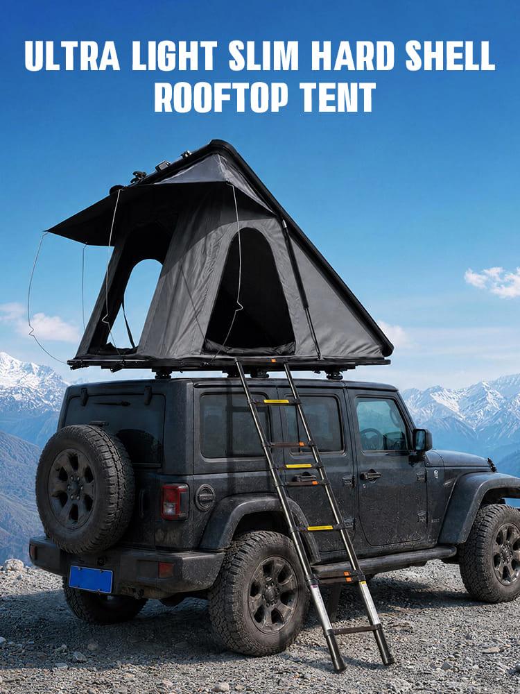 12cm ultra-thin aluminum triangle hard shell roof top tent in fully deployed open position