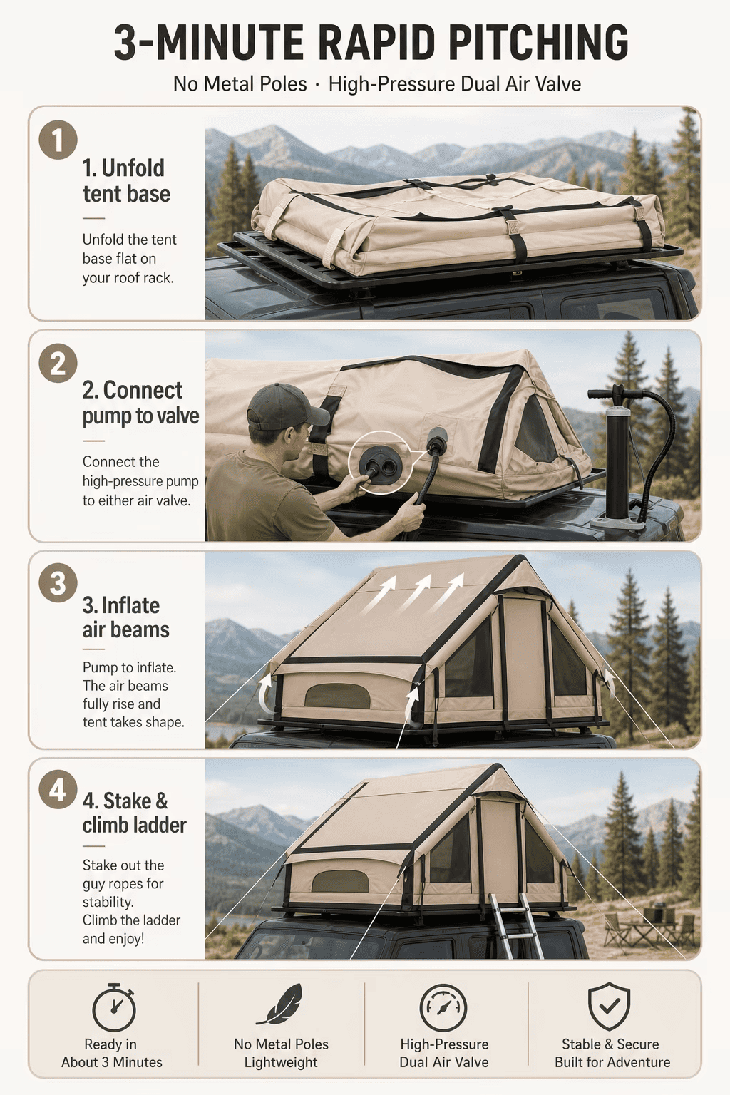 33kg inflatable rooftop tent - 3-MINUTE RAPID PITCHING